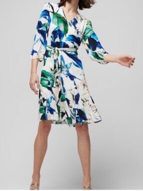 WHBM Floral V-Neck A-Line Dress in White and Blue, size 6